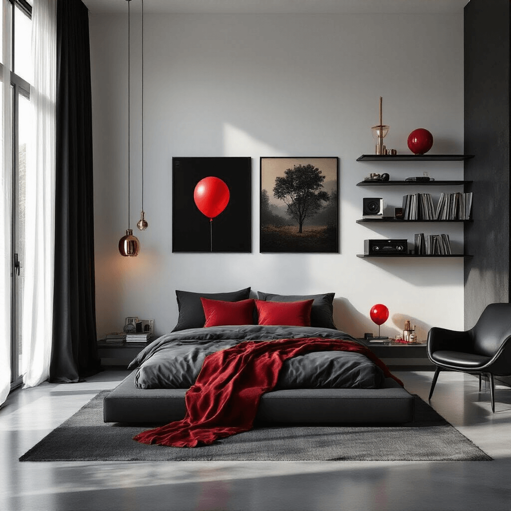 A minimalist bedroom bathed in soft natural morning light, featuring sheer black curtains, walls adorned with House of Balloons album artwork in sleek frames, a low platform bed with charcoal gray linen bedding and deep red pillows, and polished concrete floors reflecting the light. The space includes a black leather accent chair, floating shelves with a vinyl collection, and carefully placed decorative elements like black ceramics and a brass desk lamp, creating a sophisticated and intimate atmosphere.