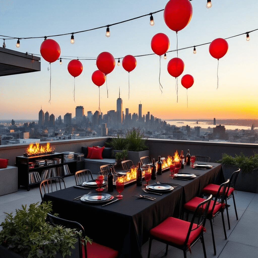 A golden hour rooftop terrace gathering featuring a panoramic city skyline, with a long communal table draped in a black tablecloth adorned with floating red balloons, surrounded by industrial metal chairs. String lights illuminate the space as a modern fire pit provides warmth, complemented by red accent cushions. A bar cart displays premium spirits and vinyl records, with dark foliage in raw steel planters and a concrete floor enhancing the urban aesthetic.