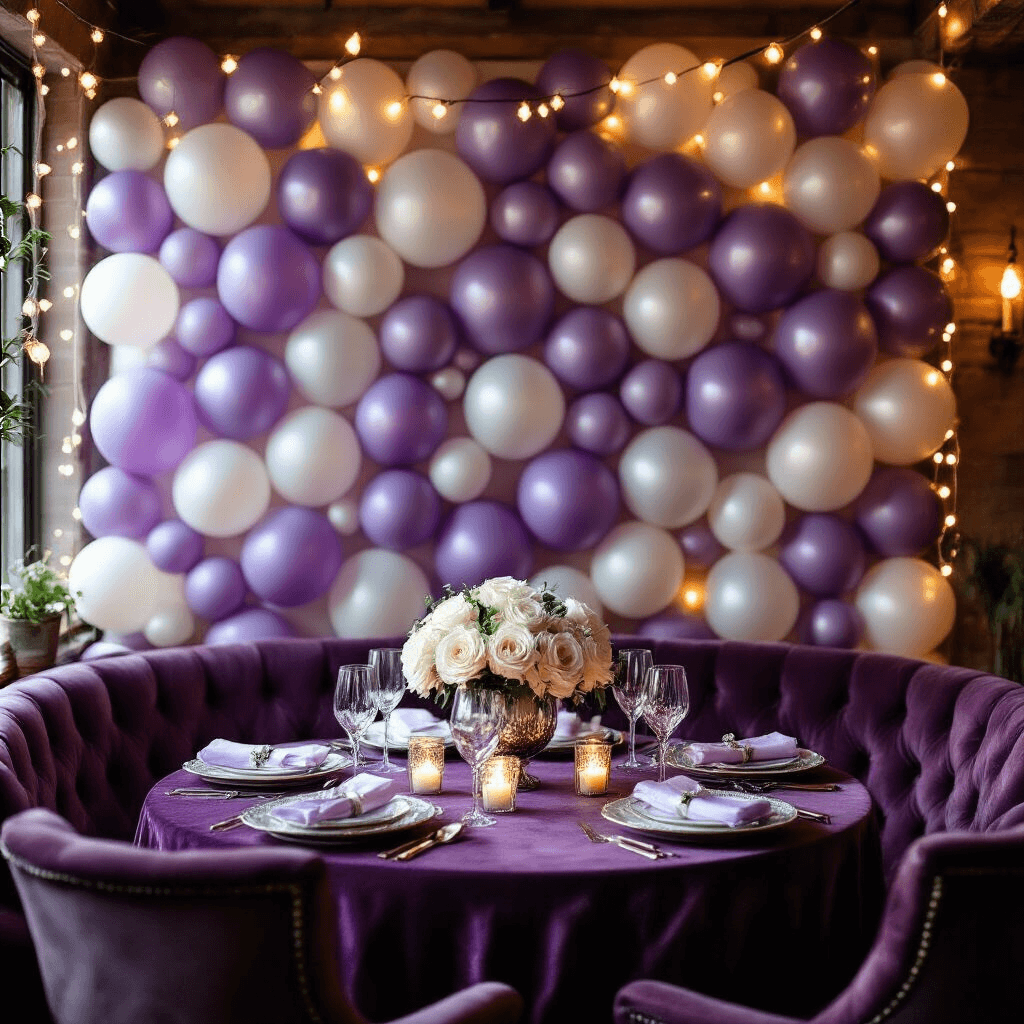 15 Balloons: Everything You Need to Know About Picking, Styling, and Celebrating With These Party Essentials Moody intimate dining nook for a milestone birthday celebration with a DIY lavender and silver balloon wall, warm candlelight, elegant vintage table setting, and rich textures from velvet chairs and lace overlays.