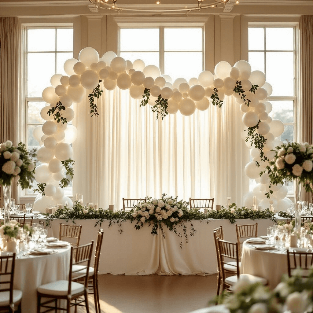 Overhead view of an elegant indoor ballroom at golden hour, featuring a dramatic white balloon garland behind the head table, surrounded by round tables dressed in ivory silk linens, low arrangements of white florals, and softly lit with natural light and candle glow.