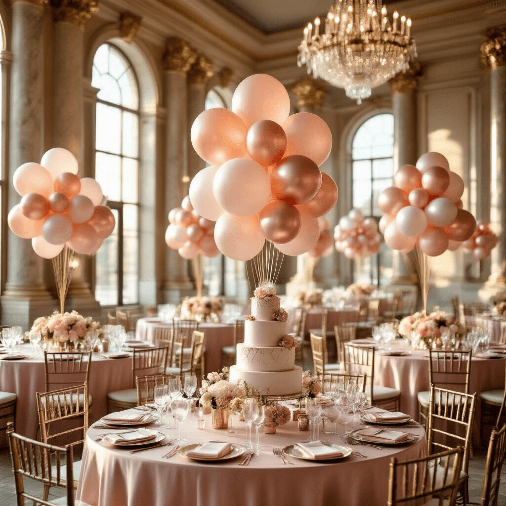 A photorealistic shot of an elegant indoor ballroom during golden hour, featuring a sophisticated 40th birthday celebration with blush pink silk table linens, towering balloon bouquets, a stunning dessert table, and marble columns, all illuminated by natural light.