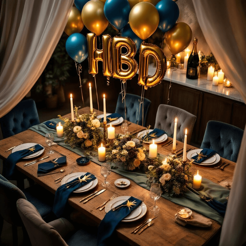 Cinematic overhead view of a rustic dining nook for a 40th birthday, featuring a wooden table set for six with sage green silk runners, navy blue napkins with gold accents, and chrome balloon clusters. Foil letter balloons spell 'HBD' above custom place settings, surrounded by velvet chairs and warm candlelight illuminating fresh florals and metallic star balloons, with a champagne bottle-shaped balloon display in the background and sheer drapery framing the scene.