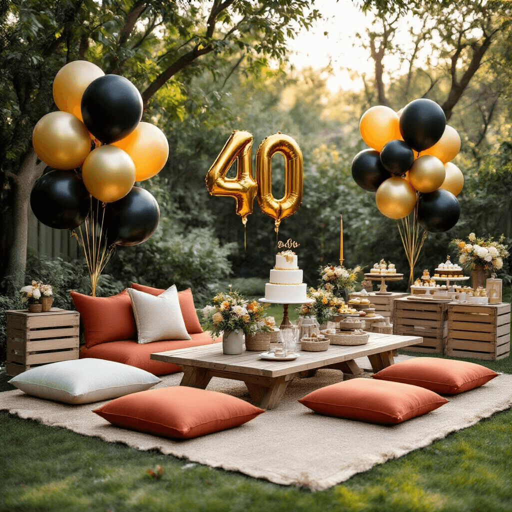 A stylish backyard celebration in soft morning light for a 40th birthday party, featuring low wooden tables, terracotta and cream floor cushions, balloon arrangements, custom party favors on vintage crates, and a dessert cart with a tiered cake.