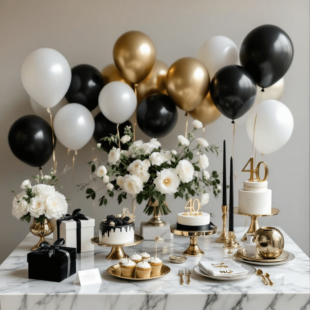 Flat lay of a luxe minimal 40th birthday celebration setup featuring marble surfaces adorned with uninflated black, white, and gold foil balloons, silk ribbons, custom cake toppers, elegant place cards, chrome balloon weights, and a centerpiece of fresh white florals in ceramic vessels, all captured under soft studio lighting.