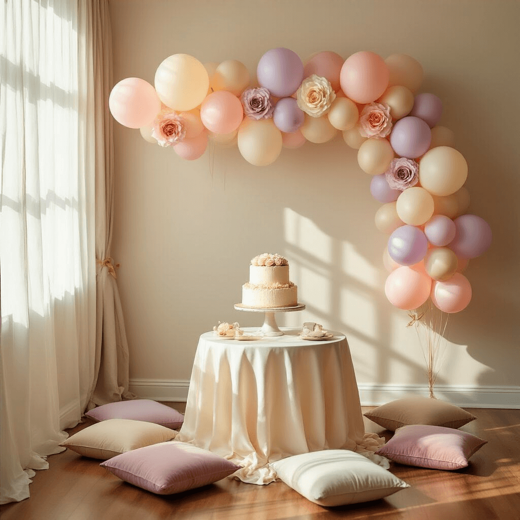 An intimate birthday party scene featuring pastel balloon clusters, golden hour sunlight filtering through sheer curtains, a tiered vanilla cake adorned with buttercream roses on a small round table, and velvet cushions arranged for seating on hardwood floors.