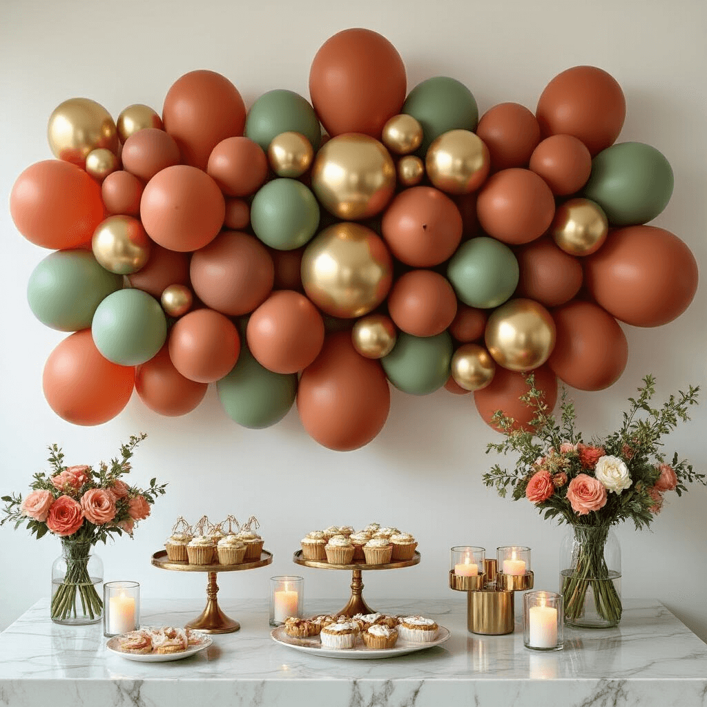 Overhead view of a modern apartment party setup featuring a terracotta, sage green, and gold balloon wall backdrop, elegant dessert cart on a marble countertop, candlelit ambiance, and fresh florals in ceramic vases, all styled for a sophisticated dinner party.