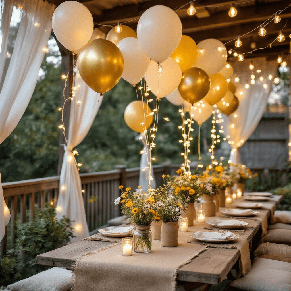 Close-up of a whimsical garden party balloon installation with ivory, gold, and soft yellow balloons intertwined with fairy lights on a cozy covered patio, featuring rustic wooden tables adorned with mason jar wildflower centerpieces, sheer drapery, string lights, and picnic-style seating, evoking an enchanted atmosphere.