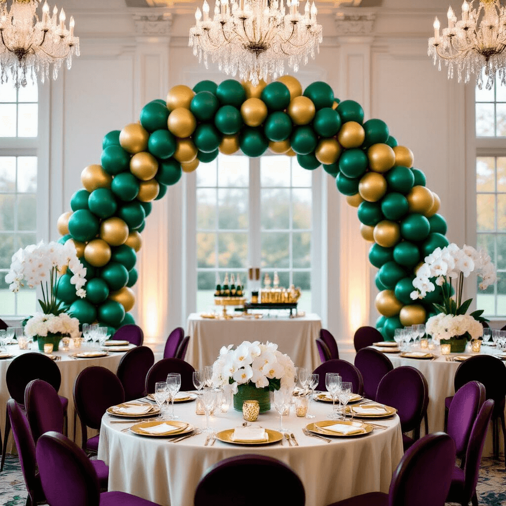 Elegant indoor ballroom celebration featuring a dramatic jewel-toned balloon arch, crystal chandeliers, silk-draped tables with gold accents, and fresh orchid centerpieces, all set in a luxurious atmosphere with soft evening lighting.