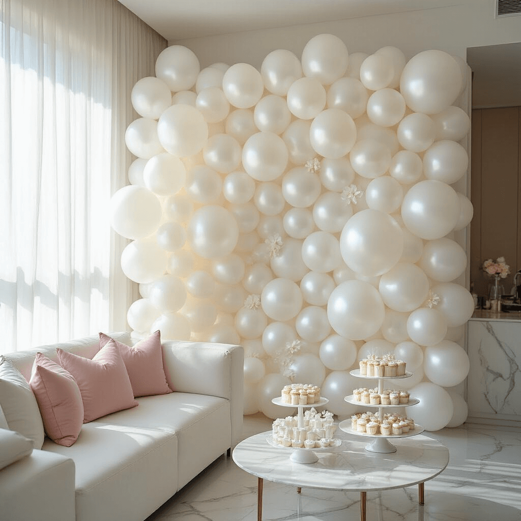 Wide-angle view of a modern apartment decorated for a sweet sixteen celebration, featuring an 8-foot wide white balloon wall, floating helium balloons, and a white dessert cart with tiered cake stands, all illuminated by soft morning light.