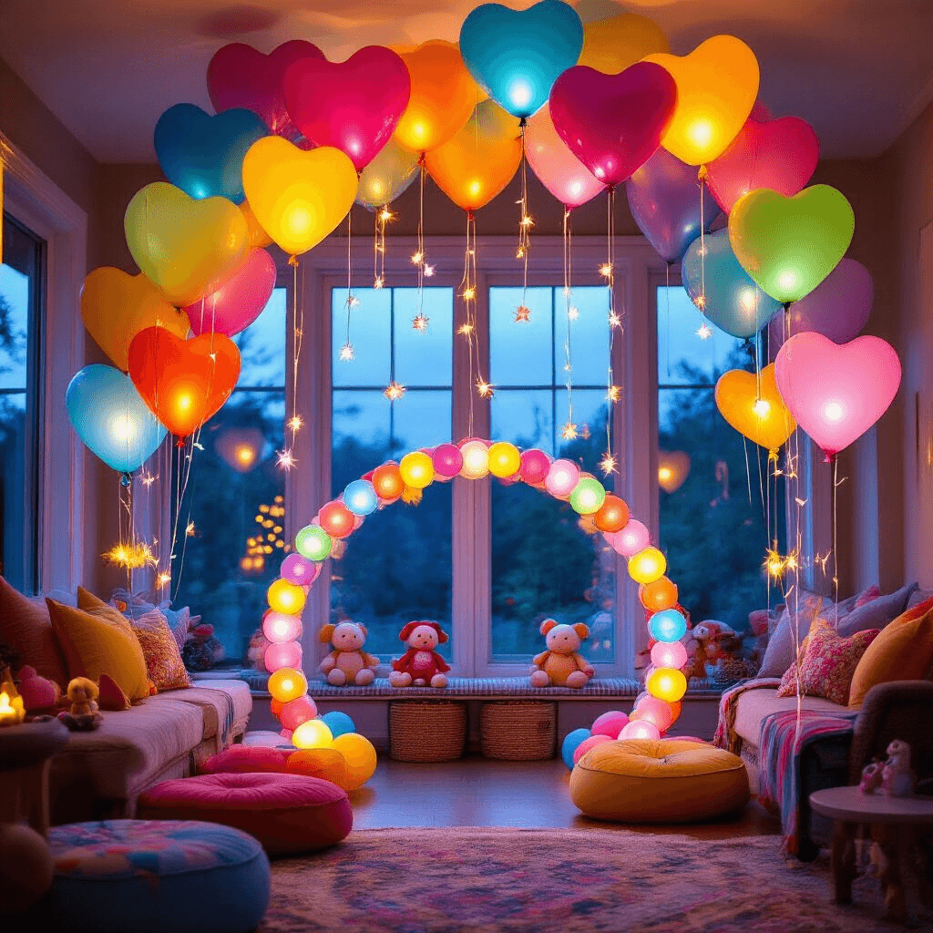 Birthday Balloon Decorations That'll Make Your Party Absolutely Unforgettable Whimsical children's birthday party corner with vibrant heart-shaped balloons, LED character balloons glowing softly, and a balloon tunnel entrance; cozy setting features colorful floor cushions, playful balloon centerpieces with stuffed toys, and fairy lights creating a magical atmosphere.