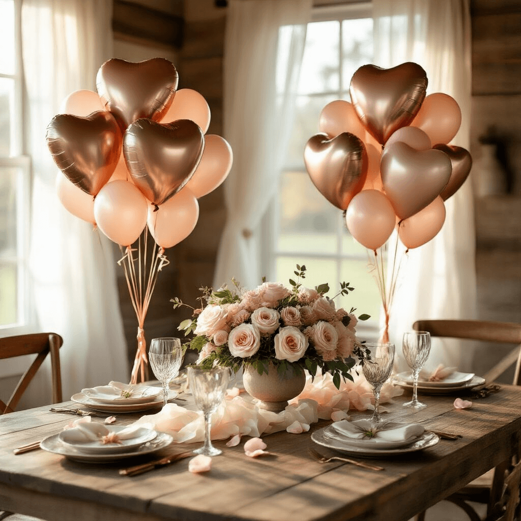 A photorealistic wide-angle shot of an intimate dining room during golden hour, featuring a rustic wooden table with a sophisticated balloon centerpiece, flanked by balloon bouquets. Soft sunlight filters through sheer curtains, casting a warm glow over the vintage table setting adorned with ceramic plates, crystal glassware, and rose petals, while a delicate balloon garland arch and heart-shaped foil balloons enhance the romantic atmosphere.