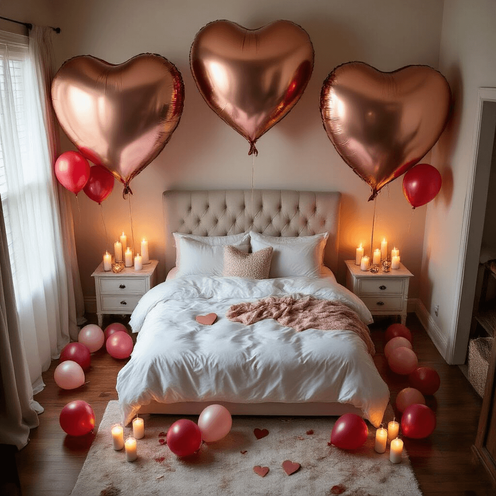 A cozy bedroom transformed into a romantic balloon wonderland, featuring a king-size bed with white silk linens and massive rose gold heart balloons. The space is illuminated by warm candlelight, with clusters of red and pink latex balloons and heart-shaped foil balloons scattered on hardwood floors, each attached to love notes. Fairy lights wrapped around the bed frame and sheer blush curtains frame tall city skyline windows at dusk.