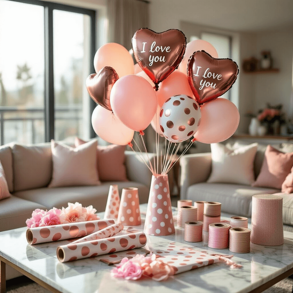 A close-up of a DIY balloon bouquet station in a modern living room, featuring a marble coffee table with rolled poster cones, metallic rose gold wrapping paper, balloon sticks, inflated heart-shaped and polka-dotted balloons, and coordinating balloon weights, all illuminated by soft morning light.