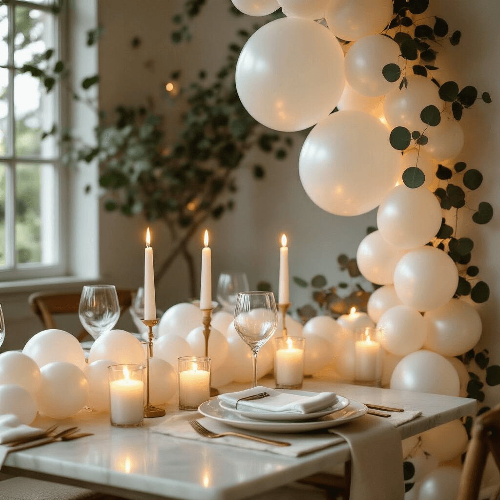 Close-up of an intimate candlelit dining nook featuring a white balloon garland, elegant place settings on a marble table, and soft lighting from pillar candles, creating a cozy atmosphere.