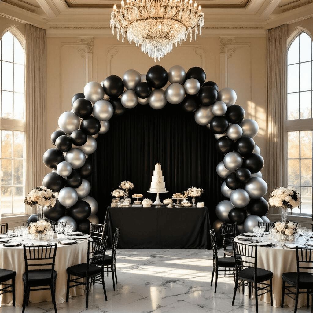 Wide-angle shot of an elegant ballroom at golden hour, featuring a 12-foot black and silver balloon arch behind a dessert table, with round tables draped in silk ivory linens and low balloon centerpieces, illuminated by crystal chandeliers and natural sunlight streaming through tall windows.