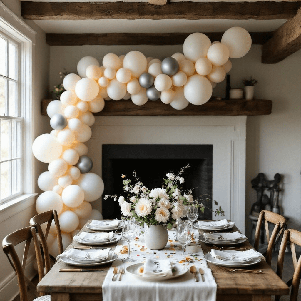 Overhead flat lay of a birthday celebration dining nook with an organic balloon garland, rustic wood beams, modern black and silver accents, confetti-filled balloons, fresh white florals, and elegant table settings.