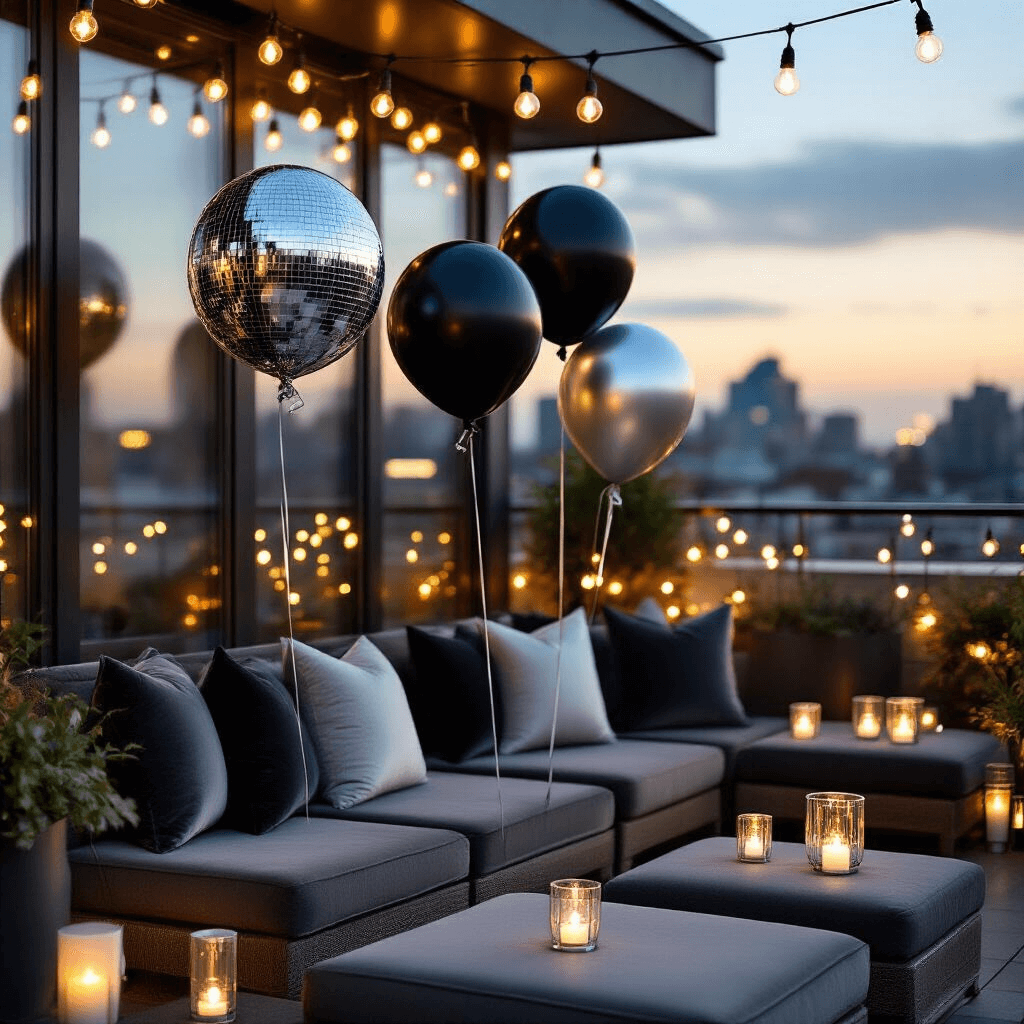 Close-up of a stylish rooftop terrace at twilight, featuring corner cluster balloon arrangements with metallic chrome and matte black balloons, warm amber string lights, charcoal gray velvet cushions, and sheer silver drapery, all creating an intimate atmosphere enhanced by the interplay of artificial and natural light.