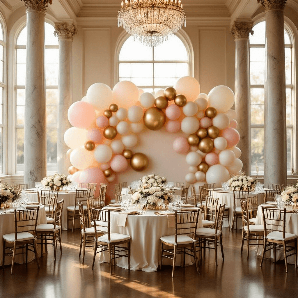 Cinematic wide-angle shot of an elegant indoor ballroom at golden hour, featuring a sophisticated balloon wall backdrop in blush pink, cream, and gold. Round tables with ivory silk linens and floral centerpieces surround the space, illuminated by crystal chandeliers and soft natural light, as guests in evening attire admire the luxurious setting.