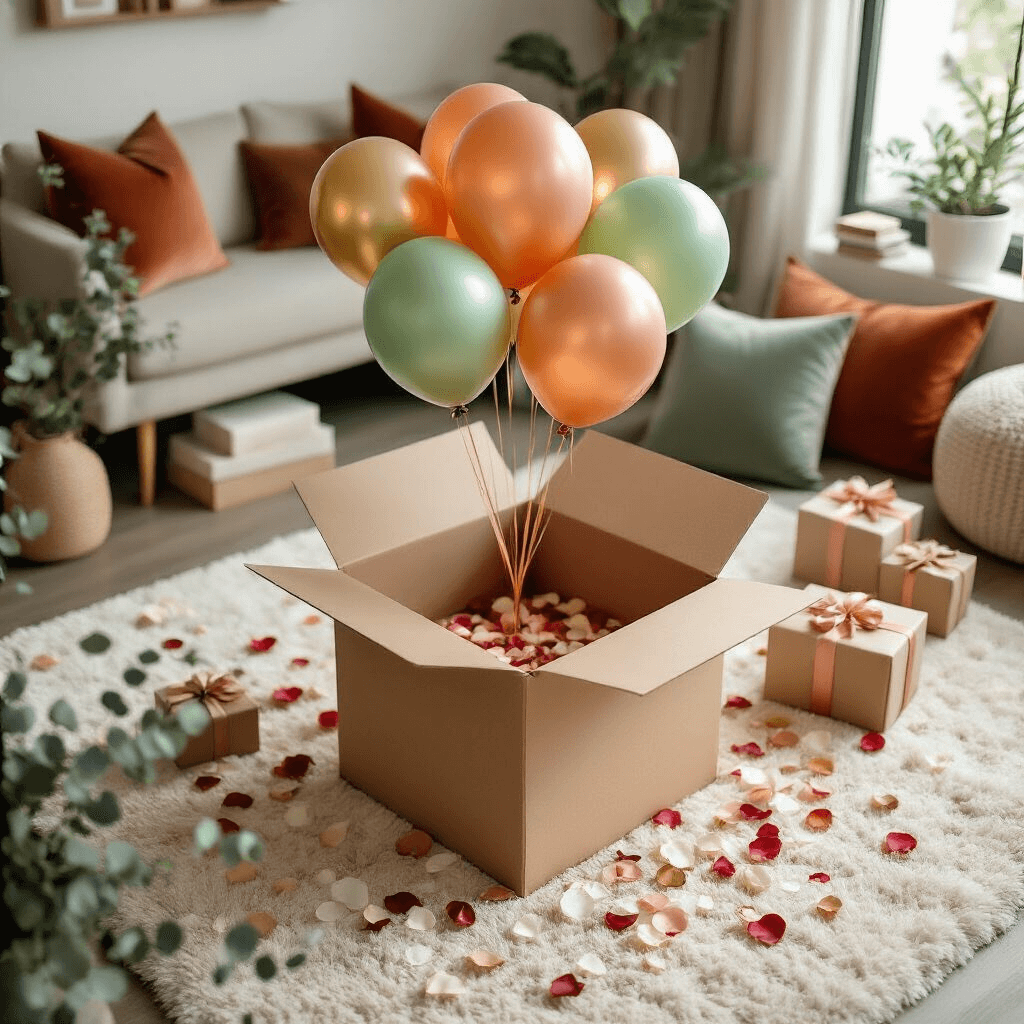 Overhead shot of a surprise balloon box reveal in a modern living room, featuring terracotta, sage green, and gold balloons, scattered rose petals, letter boards, and wrapped gifts, all beautifully illuminated by soft morning light.