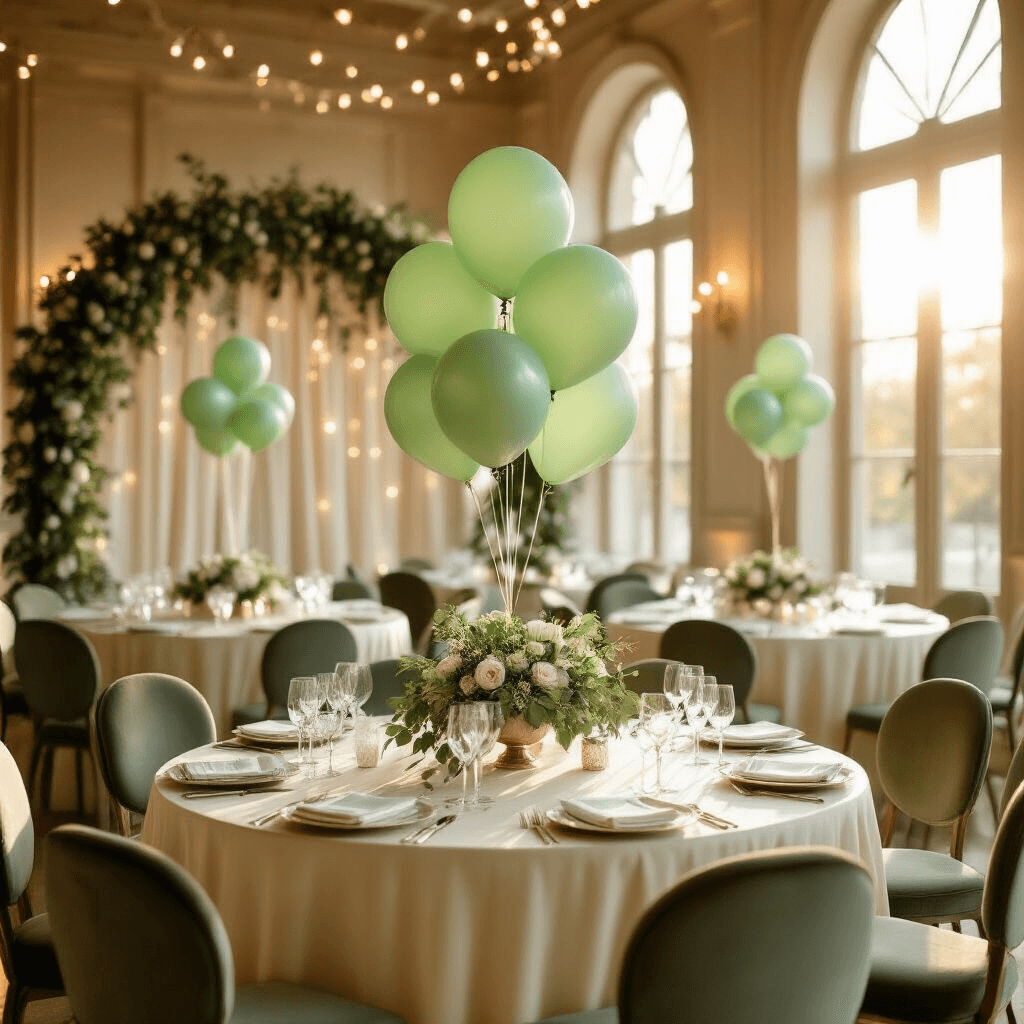 Wide-angle shot of an elegant indoor engagement party in a sunlit ballroom with a sage green and cream color palette, featuring round tables with silk ivory linens, floating sage green latex balloons, and a 30-inch diamond ring foil balloon as the centerpiece, surrounded by fresh eucalyptus garlands, crystal glassware, and overhead fairy lights. Guests mingle under warm sunlight streaming through tall windows, creating a festive atmosphere.