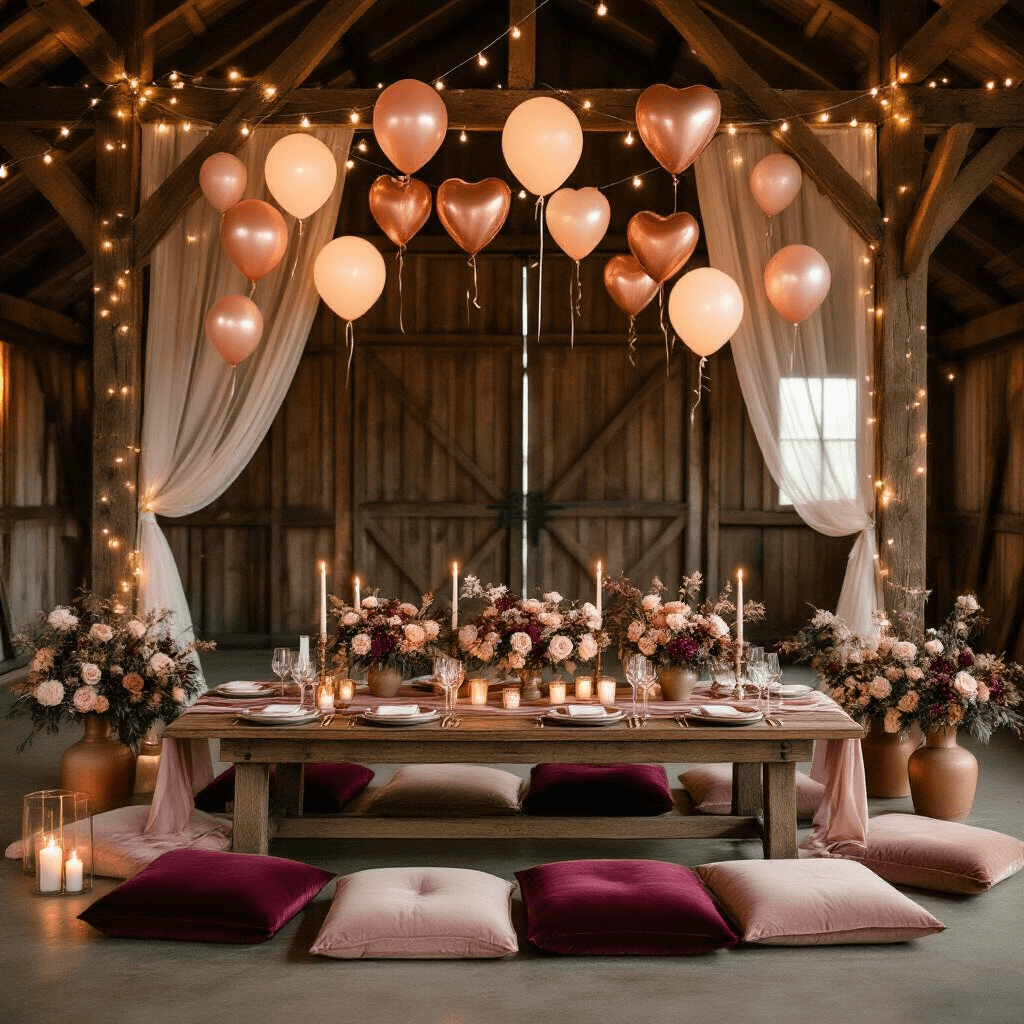 Overhead flat lay of an intimate engagement party in a rustic barn, featuring a low wooden table with blush velvet cushions, floating LED balloons, and a burgundy and champagne color palette, accented by candles, rose gold balloons, and fresh florals, creating a romantic, candlelit atmosphere.