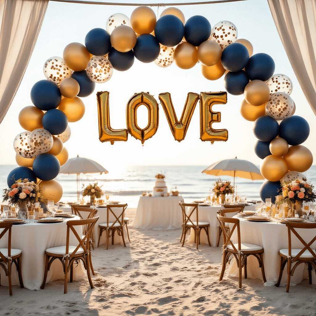 Close-up of a whimsical beachfront engagement party featuring a playful balloon arch, round tables with white linens and gold charger plates, floral centerpieces, and 'LOVE' letter balloons, all illuminated by soft morning light with waves in the background.