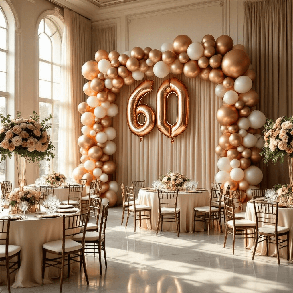 Elegant indoor ballroom set for a sophisticated 60th birthday celebration, featuring rose gold foil number balloons, a lush balloon garland, silk ivory table linens, and low centerpieces of blush roses and eucalyptus, all illuminated by warm natural sunlight.