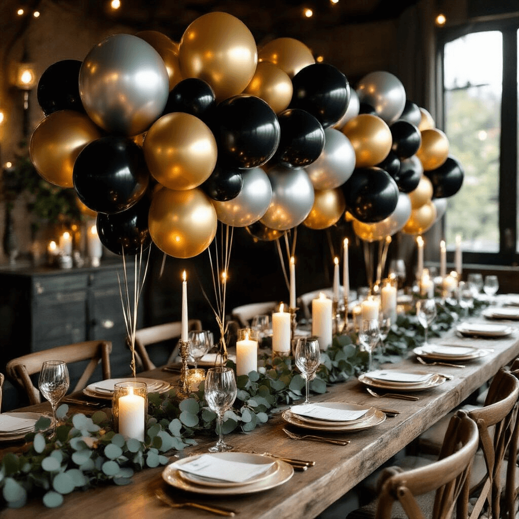 Overhead shot of a candlelit dining room for a 60th birthday, featuring a rustic wood table with gold-rimmed glassware, cream plates, and a dramatic balloon centerpiece in black, silver, and gold, surrounded by eucalyptus garland and pillar candles, all in a moody, intimate ambiance.