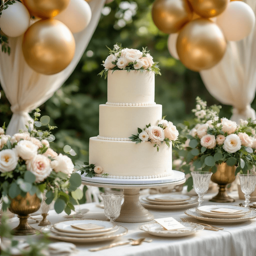 Close-up of a whimsical garden party setup featuring a three-tier vanilla birthday cake on a marble pedestal, surrounded by gold and pastel balloon clusters, vintage china, and crystal glassware, all set in soft morning light with draped ivory fabric and fresh florals.