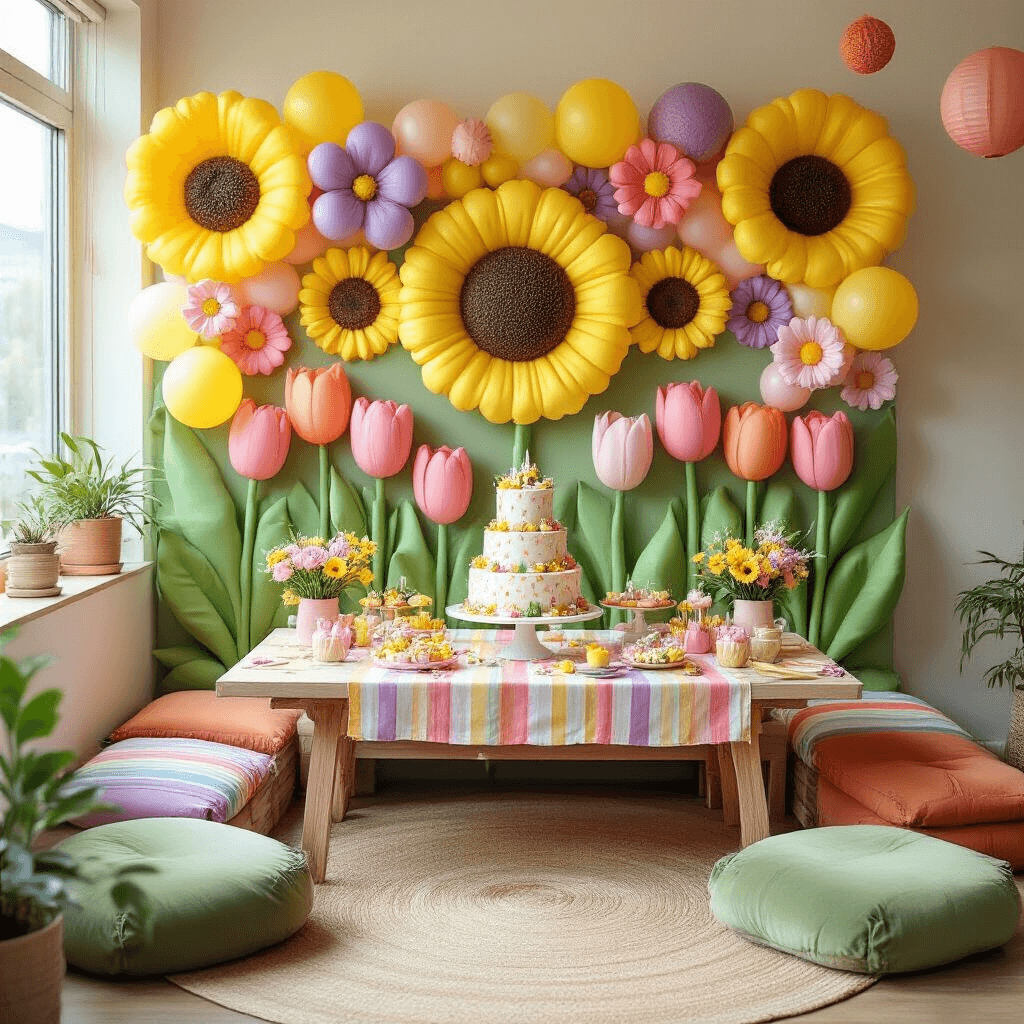 Overhead view of a whimsical garden-themed children's birthday party in a modern living room, featuring a DIY balloon flower wall, a tiered birthday cake on a picnic-style table with colorful linens, cozy floor cushions, and pastel paper lanterns and streamers.
