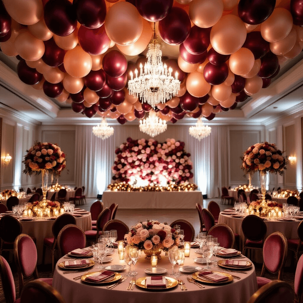 Luxurious indoor wedding reception with a dramatic floral balloon ceiling, featuring burgundy, blush, and ivory foil balloons over elegantly dressed round tables, crystal chandeliers, velvet chairs, and a stunning sweetheart table backdrop with an ombre balloon flower wall.