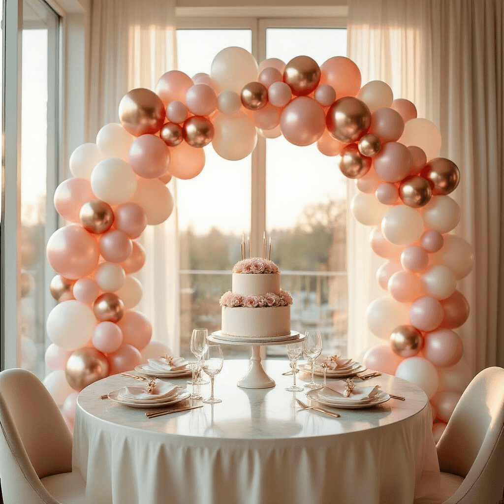 A beautifully decorated indoor birthday celebration featuring a 12-foot elegant balloon garland arch in blush pink, rose, and pearl white hues, with a three-tiered white cake adorned with pink roses on a marble-top table, accented by cream silk linens and rose gold cutlery, all illuminated by golden hour sunlight.