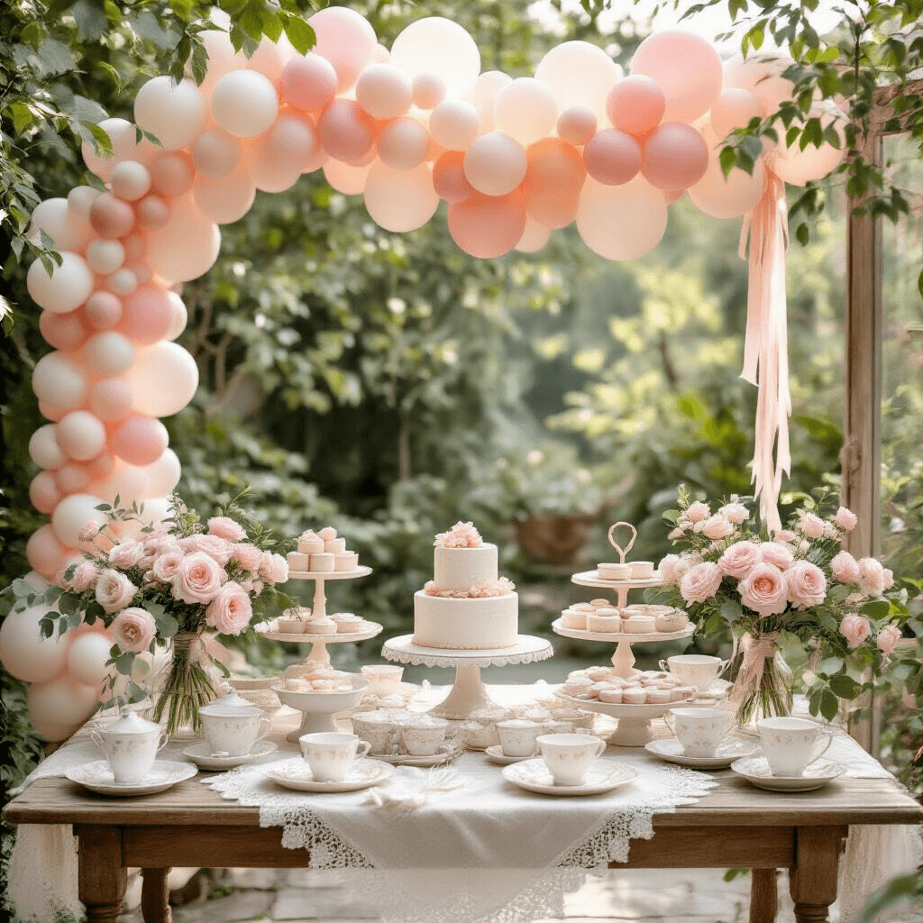 A whimsical baby shower scene in a garden terrace, featuring a pink balloon garland, rustic dessert table with white ceramics, hand-lettered rose gold signage, silk ribbon streamers, pearl white balloons with eucalyptus, vintage lace table runners, and pink peony centerpieces, all bathed in soft morning light.