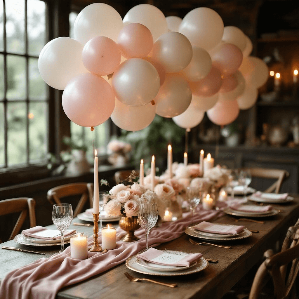 Intimate bridal shower tablescape featuring pearl white and blush pink balloon arrangements, candlelit ambiance, gold-rimmed glassware, hand-calligraphed place cards, and elegant china on a vintage wooden table.
