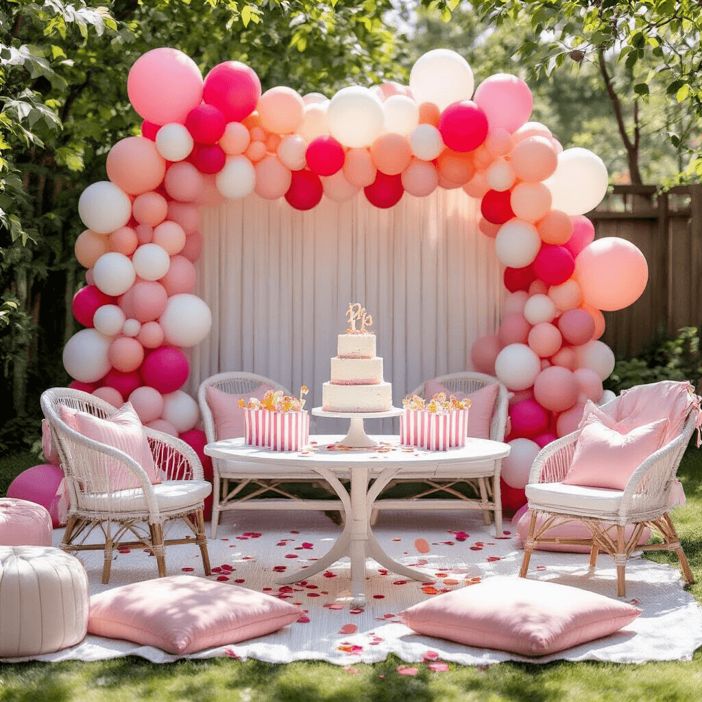 A vibrant children's first birthday party in a stylish backyard featuring an elaborate pink and white balloon installation, a two-tiered birthday cake on a round table, coordinating party favors, rose gold confetti, a personalized high chair, and cozy picnic-style seating, all illuminated by natural sunlight and string lights.