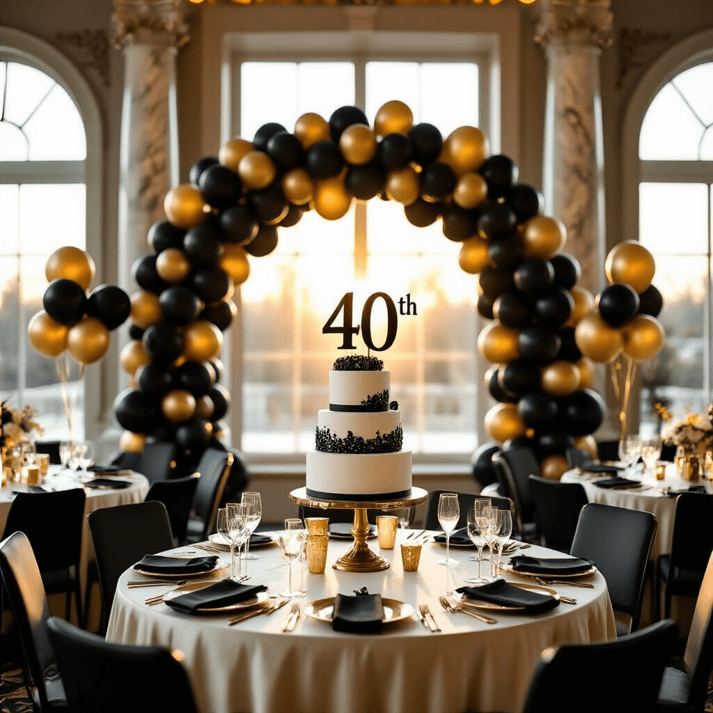 A luxurious 40th birthday celebration in an elegant ballroom, featuring a black and gold balloon arch, round tables with ivory silk linens, and black latex balloon centerpieces with gold confetti. Soft sunlight illuminates the scene, highlighting champagne glasses, marble pillars adorned with black balloon garlands, and a tiered birthday cake on a gold pedestal. Velvet chairs and crystal chandeliers enhance the upscale atmosphere.