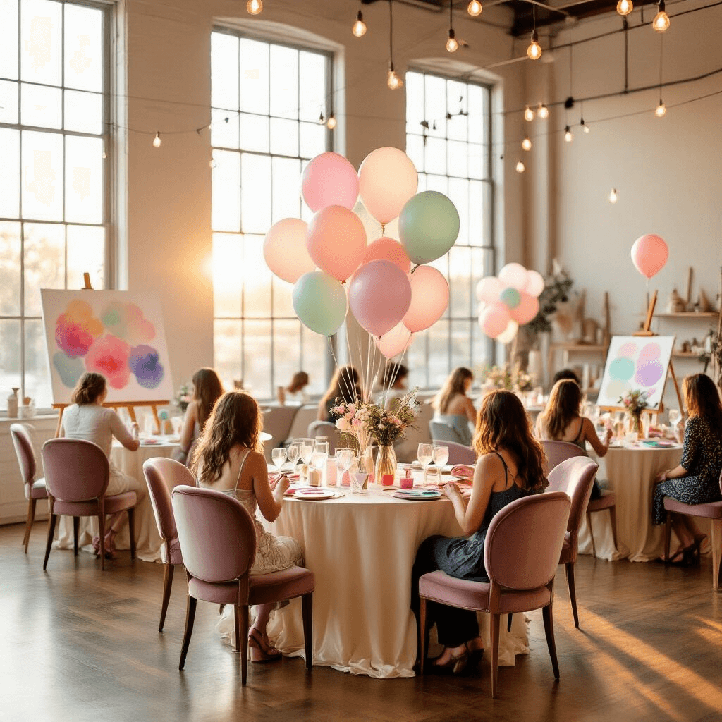 Wide-angle shot of an elegant indoor art studio party during golden hour, featuring round tables with cream silk linens and watercolor balloon paintings as centerpieces, guests painting at easels surrounded by vintage glass jars with paintbrushes, and pastel balloon-shaped macarons on dessert stands, all illuminated by soft natural light and string lights.
