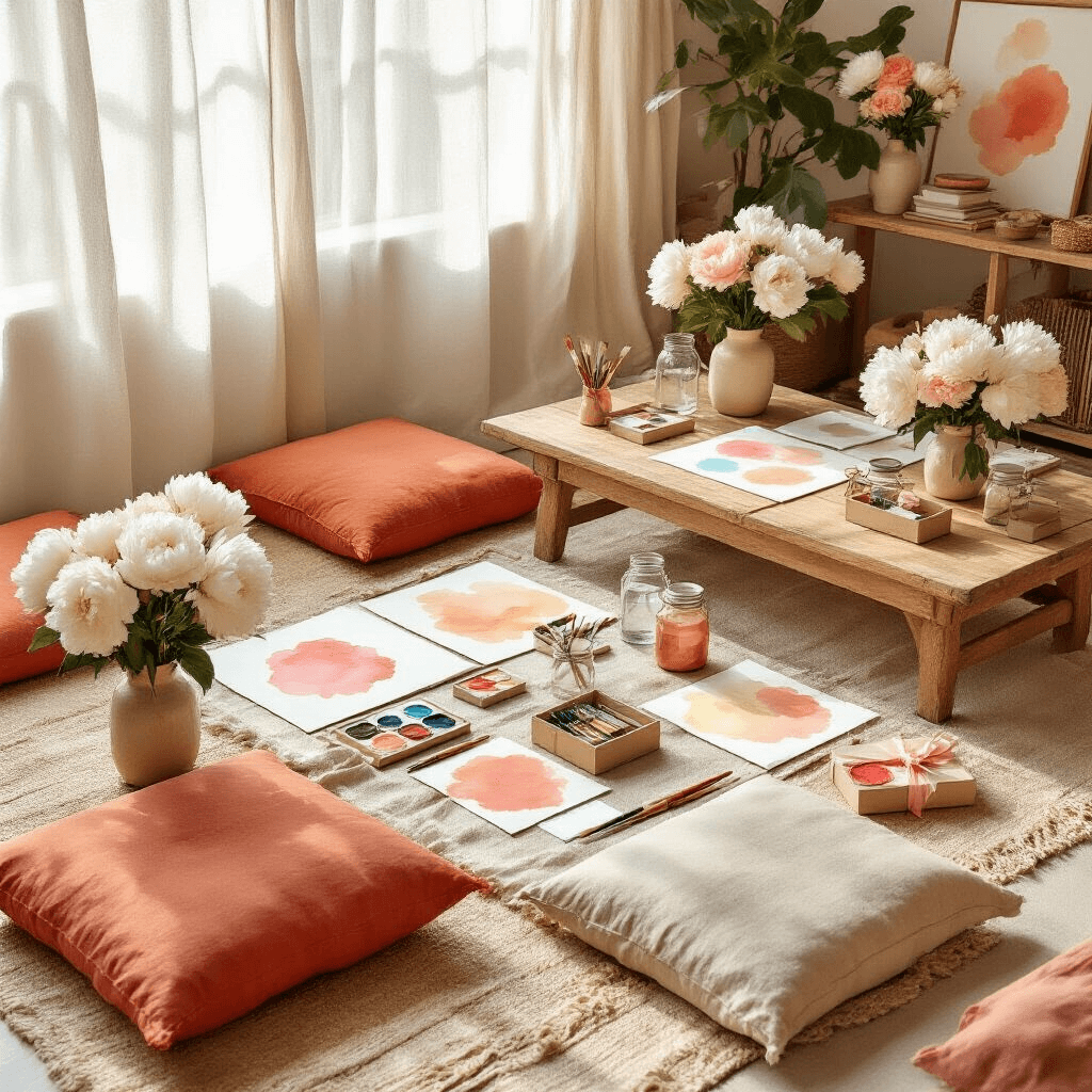 Overhead view of a cozy living room converted into a watercolor workshop, featuring low wooden tables with floor cushions, painting supplies, and fresh white peonies, all illuminated by soft morning light.