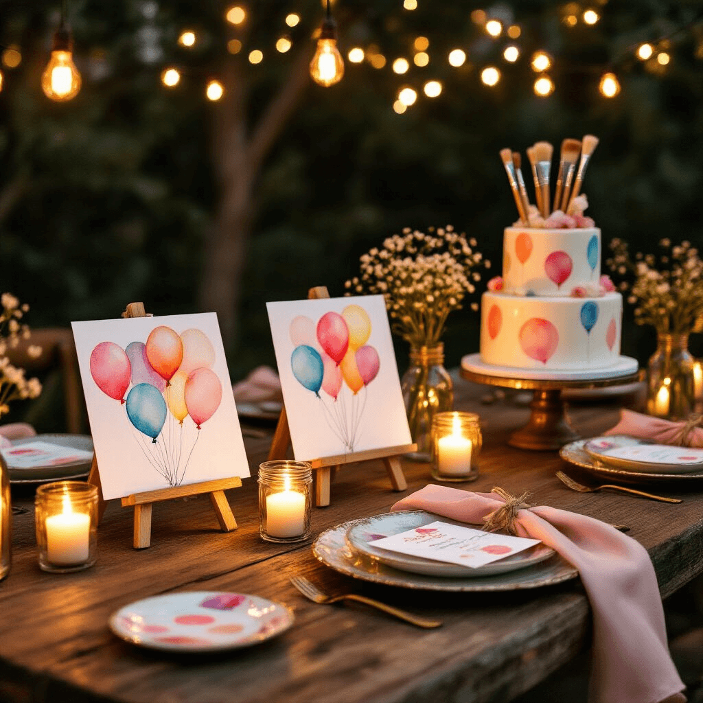 Close-up of a romantic birthday dining nook featuring rustic wood table with watercolor balloon art, vintage china, and a three-tiered cake, all illuminated by candlelight and fairy lights.
