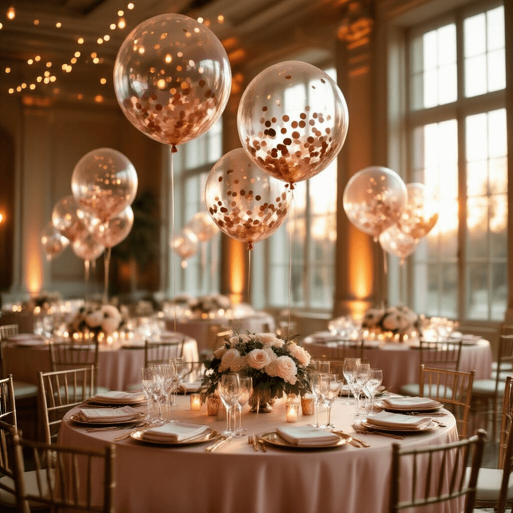 An elegant ballroom during golden hour, featuring 18-inch clear bobo balloons filled with rose gold confetti floating above round tables draped in blush pink silk linens, with warm LED string lights and cream roses, all reflecting soft sunlight on ivory marble floors.