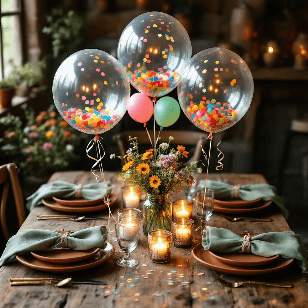 Overhead flat lay of a cozy candlelit dining nook featuring three clear bobo balloons with rainbow confetti as a centerpiece on a rustic wood table, adorned with terracotta plates, sage green napkins, and wildflowers in mason jars, illuminated by soft candlelight and string lights.
