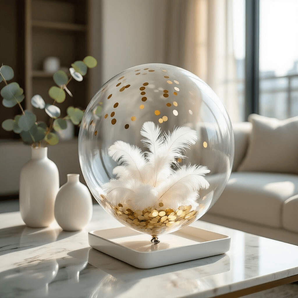 Close-up of a modern apartment living room, showcasing a 20-inch clear bobo balloon filled with white feathers and gold confetti on a marble coffee table, with soft morning light illuminating the space and reflections on the balloon's surface.