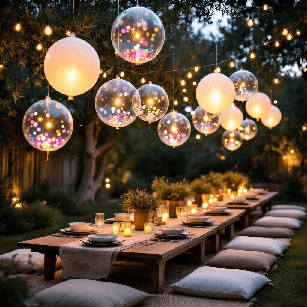 A wide shot of a chic backyard garden party at dusk, featuring glowing bobo balloons filled with confetti and LED lights suspended above beautifully set low wooden tables adorned with elegant textiles, ceramic dinnerware, and brass accents, illuminated by string lights weaving through olive branches, creating a magical and bohemian atmosphere.