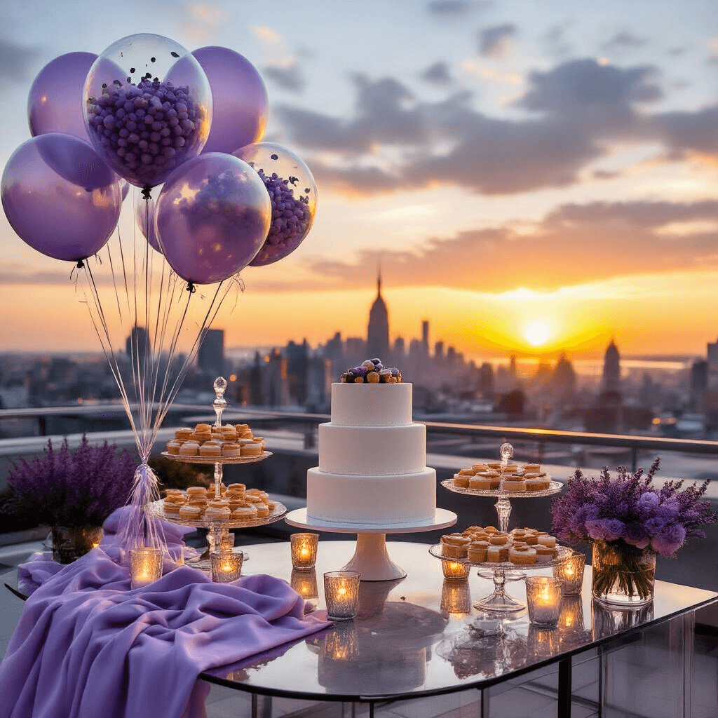 Moody rooftop terrace at golden hour featuring an elegant dessert station with a three-tier white marble cake stand, surrounded by clear bobo balloons filled with lavender and silver confetti, reflecting the city skyline and sunset light, enhanced by LED lights and luxurious table decor.