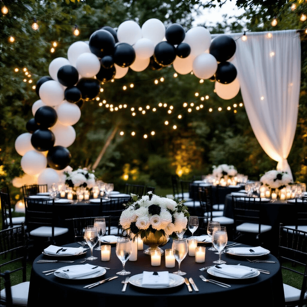 An elegant modern wedding reception setup in a garden at night, featuring a dramatic black and white balloon garland, low round tables with black silk runners, white ceramic centerpieces, and clusters of black balloons. The scene is illuminated by soft string lights and white pillar candles, with fresh white florals and sheer white drapery adding to the romantic atmosphere.