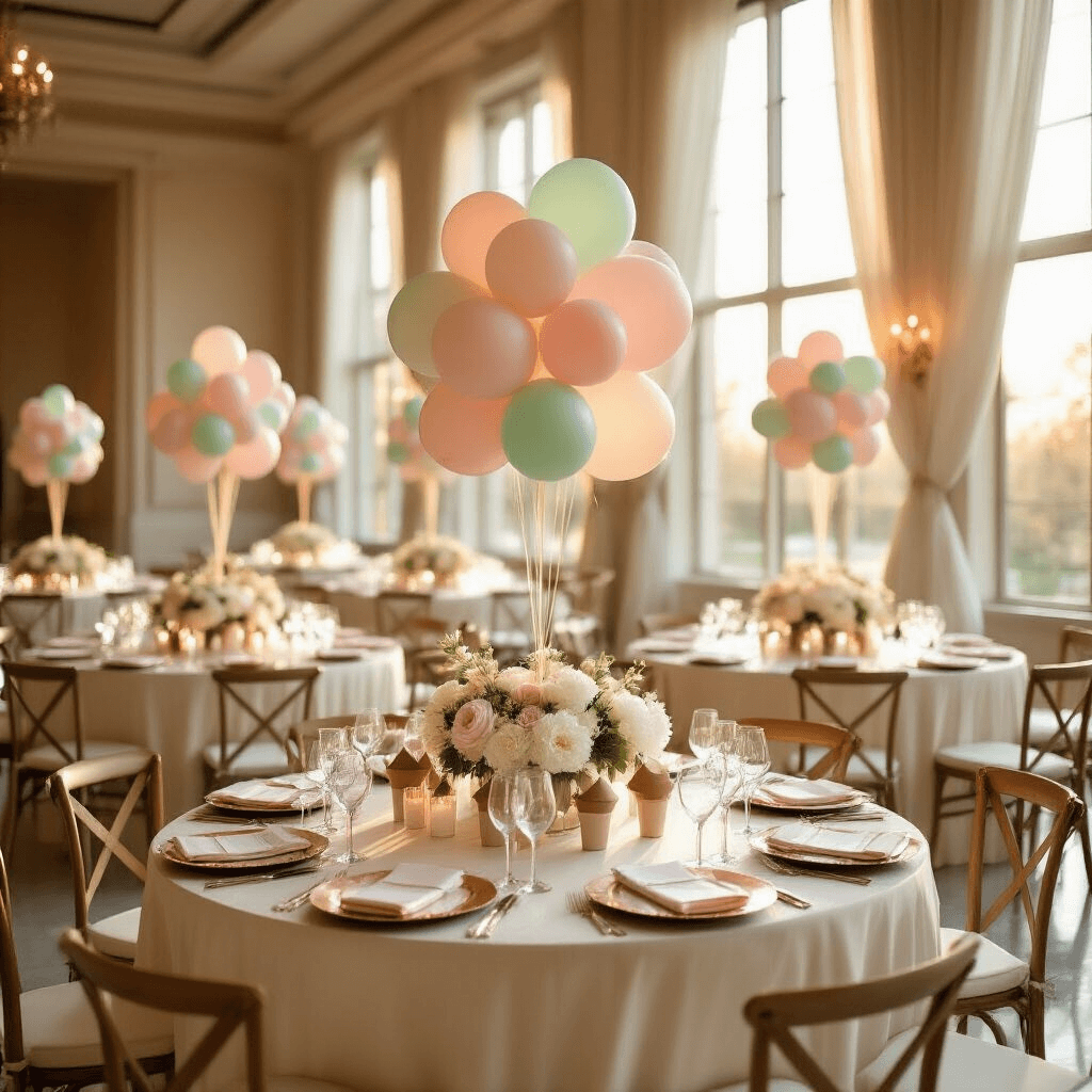 Elegant indoor ballroom bathed in golden hour light, featuring round tables with DIY ice cream balloon centerpieces in pastel colors, ivory silk linens, rose gold place settings, and ambient candlelight, all complemented by polished marble floors and sheer drapery.