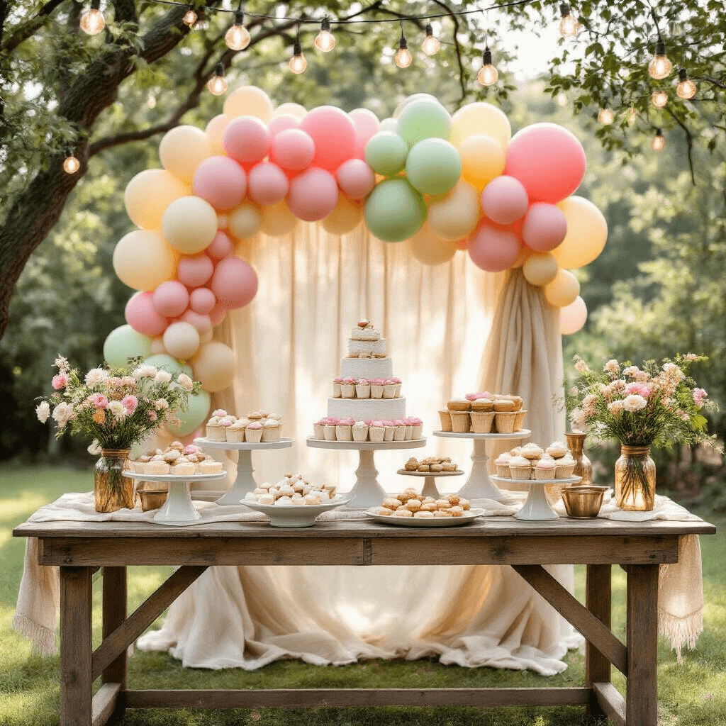 Overhead view of a charming garden party setup featuring a dessert table with ice cream treats, balloon columns in pastel colors, vintage serving pieces, mason jars of wildflowers, and string lights, all illuminated by soft morning light.