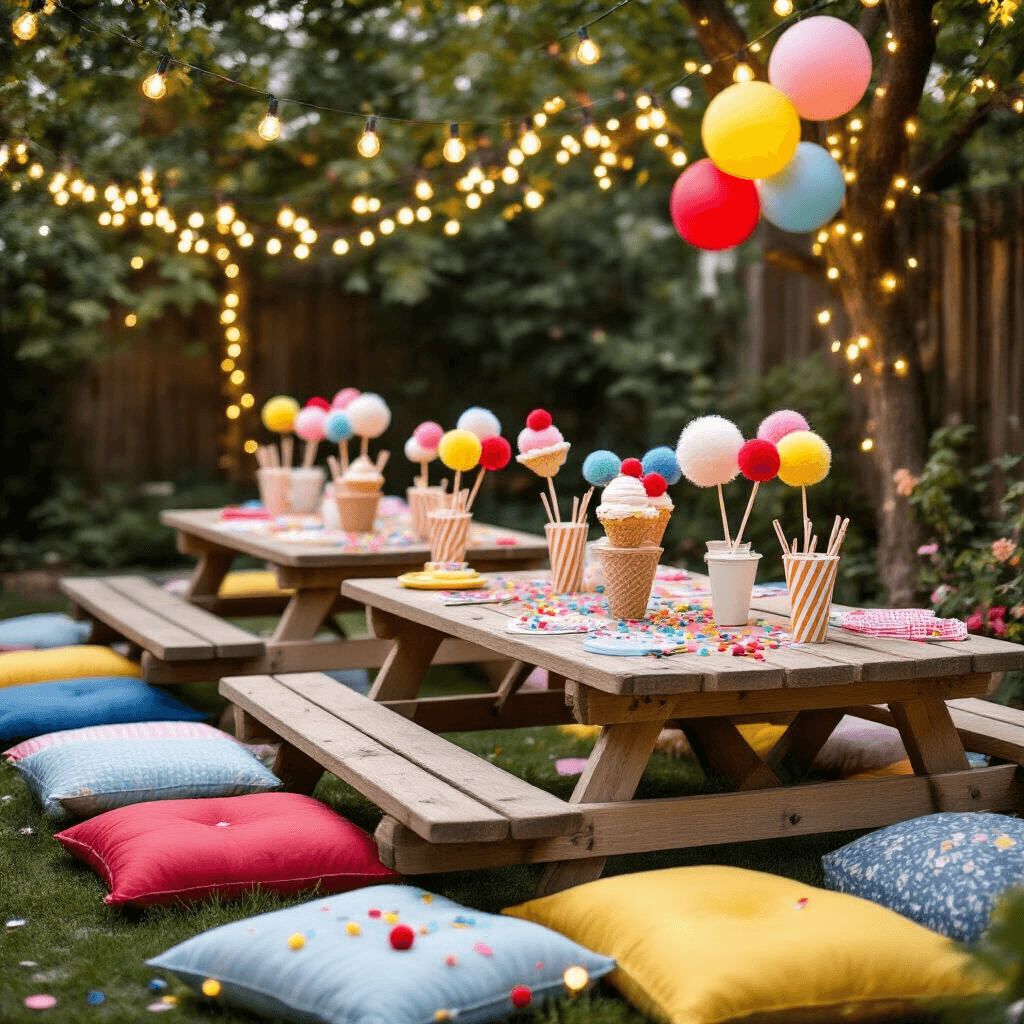 Close-up of a whimsical children's birthday party with low picnic tables and colorful floor cushions, featuring DIY ice cream balloon centerpieces, vintage milk bottles with striped straws, and fairy lights illuminating the scene in bold primary colors.
