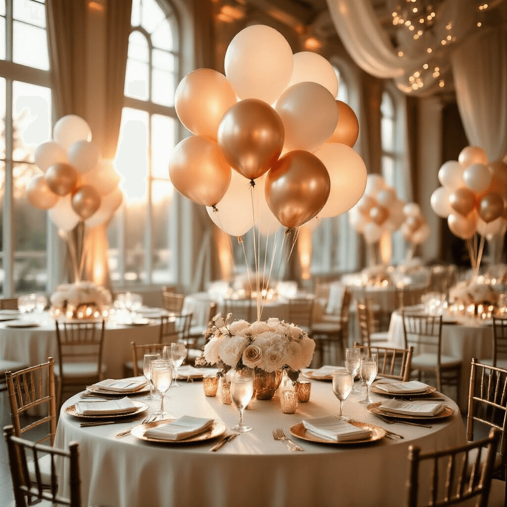 Elegant indoor ballroom celebration during golden hour, featuring ivory silk-draped tables with rose gold and pearl white balloons, crystal glassware, gold-rimmed plates, orchid arrangements, and fairy lights, all under soft sunlight streaming through tall windows.
