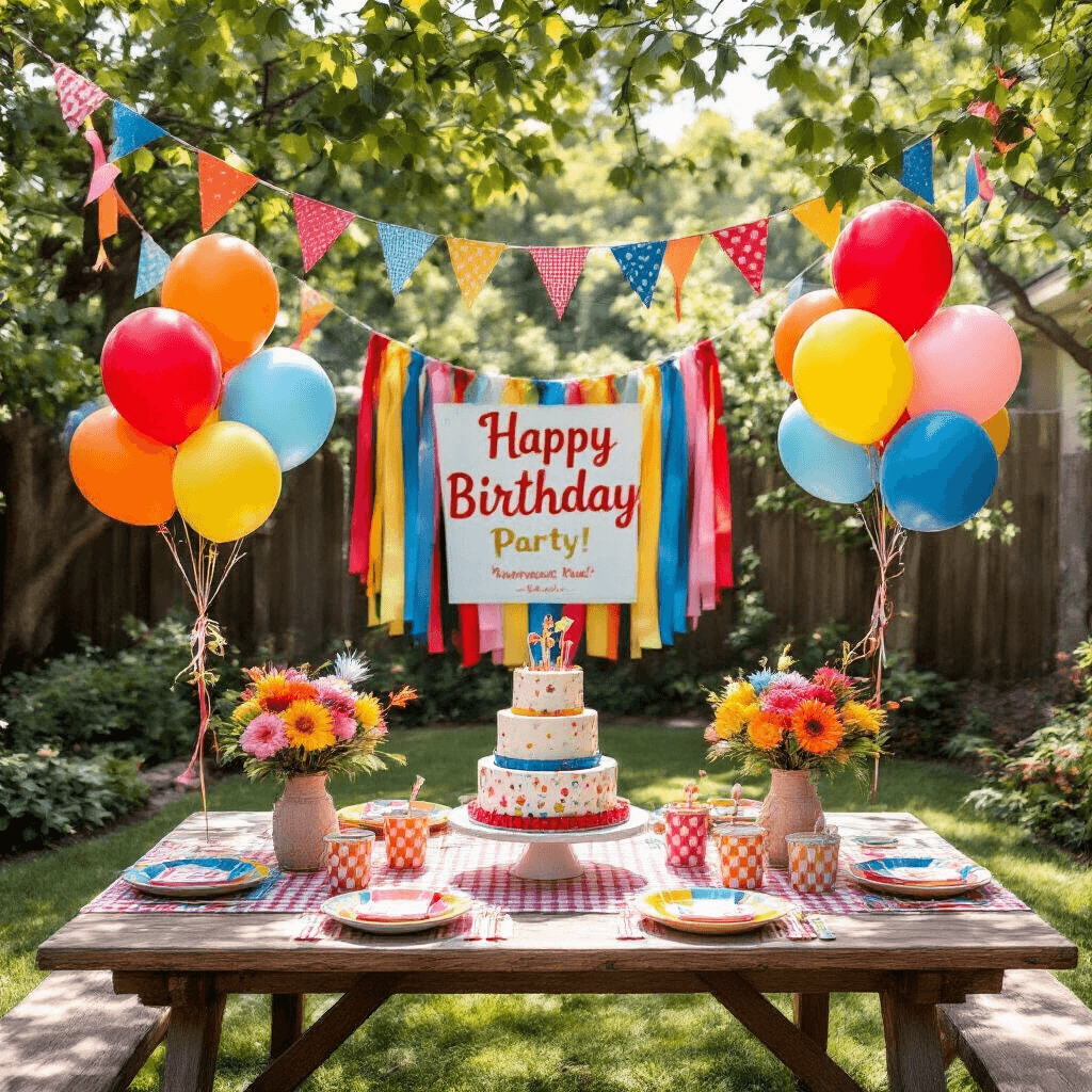 Overhead view of a lively children's birthday party in a cozy backyard, featuring character foil balloons, colorful latex balloons, a three-tiered cake on a rustic picnic table, vibrant balloon bouquets, cascading paper streamers, and festive table settings with personalized party favors.